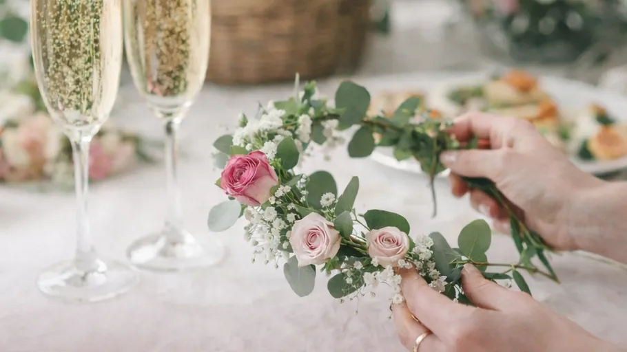 Hands crafting floral crown near champagne glasses.