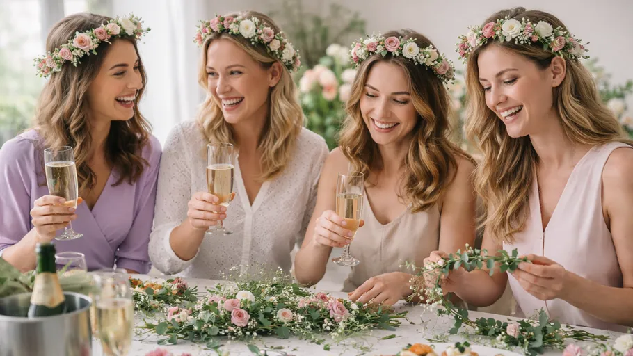 Vier Frauen mit Blumenkronen feiern drinnen.
