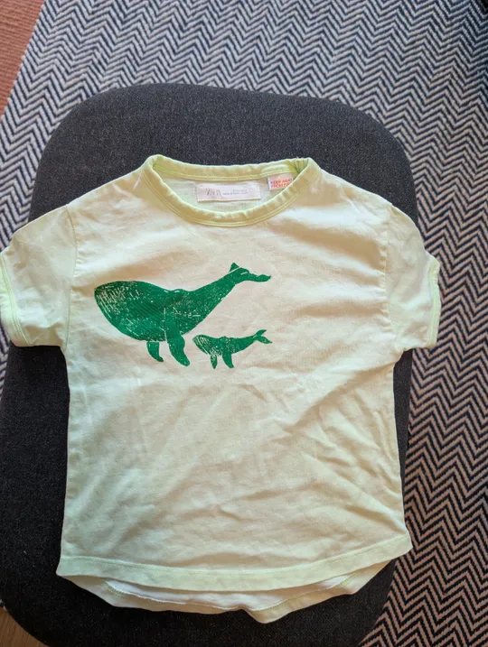 Yellow t-shirt with green whales design.