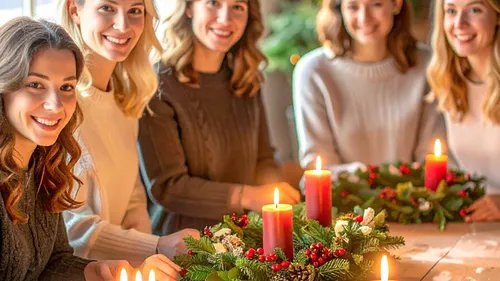Frauen lächeln um festliche Kerzenkränze.