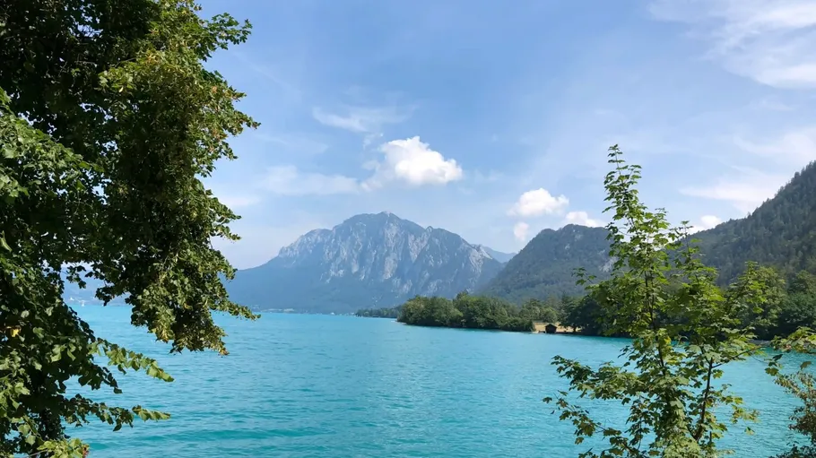Mountain lake with trees in foreground.