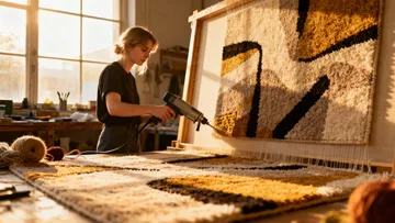 Person erstellt Teppiche in sonniger Werkstatt.