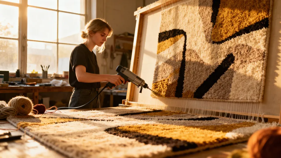 Person creating rugs in sunlit workshop.