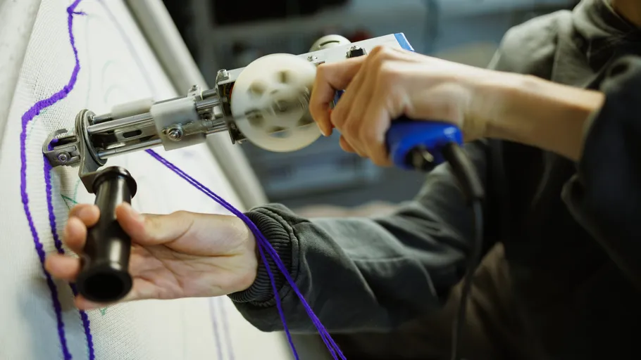 Person using tufting gun on canvas.