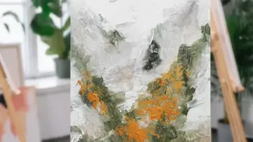 Abstract painting with orange and green textures.