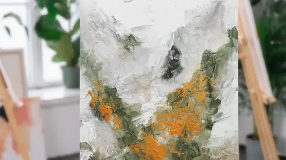 Abstract painting with orange and green textures.