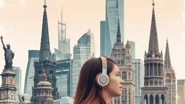 Woman wearing headphones, city skyline background.