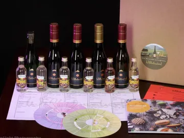 Bottles and papers on table, ready for tasting.