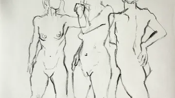 Three nude figures sketched in charcoal.