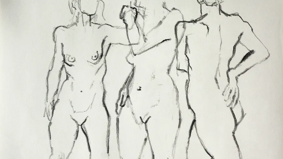 Drei Aktfiguren in Kohle skizziert.
