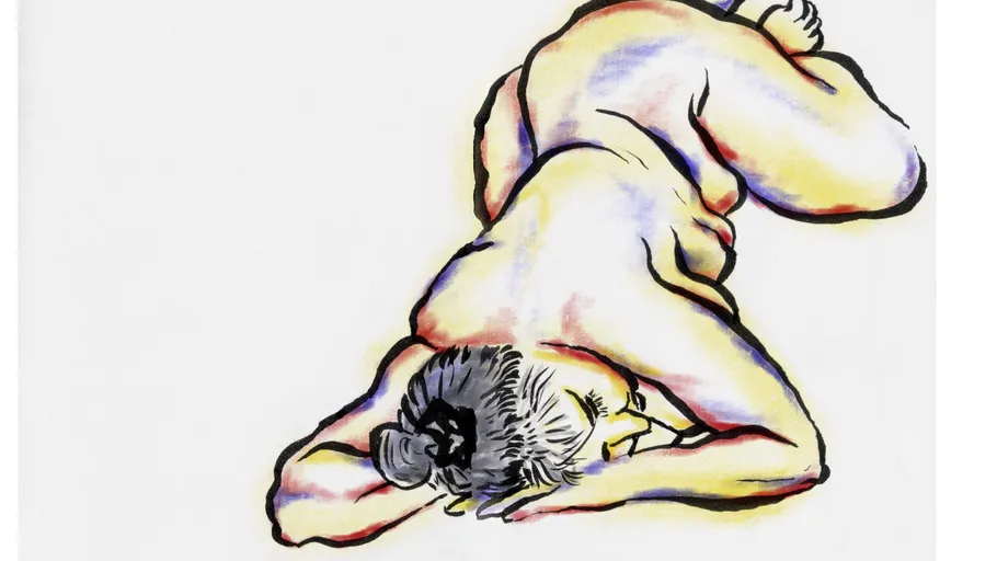 Abstract human figure lying on white background.