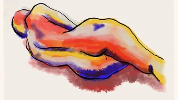 Colorful abstract painting of a reclining figure.