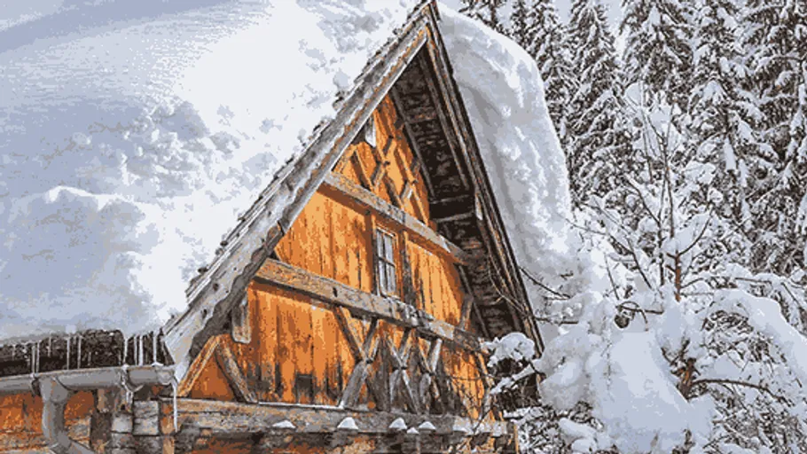 Snow-covered wooden house in a forest.