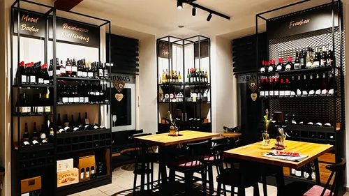 Weinregale und Tische in gemütlichem Raum.