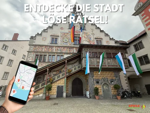 Hand holds phone with map, historic building background.