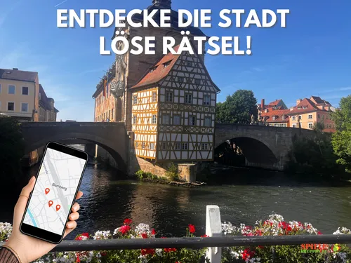 Hand hält Handy, malerische Stadtbrücke Ansicht.