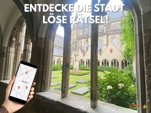 Hand with phone showing map in historic courtyard.