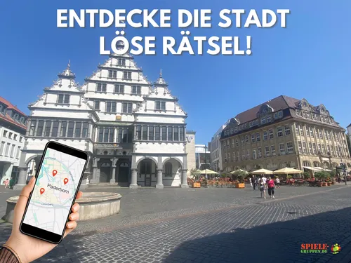 Hand hält Handy mit Stadtkarte, historisches Gebäude.