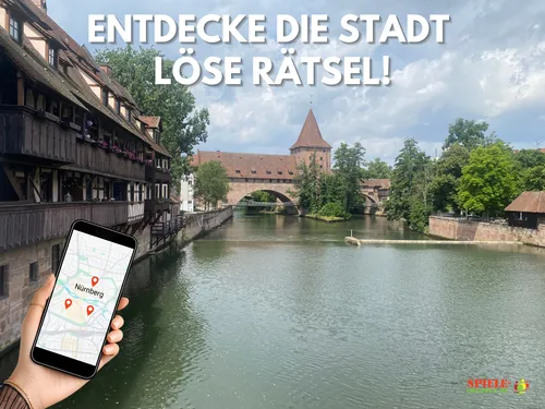 Hand hält Handy mit Nürnberg-Karte nahe Fluss.