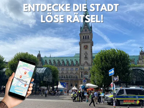 Smartphone mit Karte vor dem Rathaus.