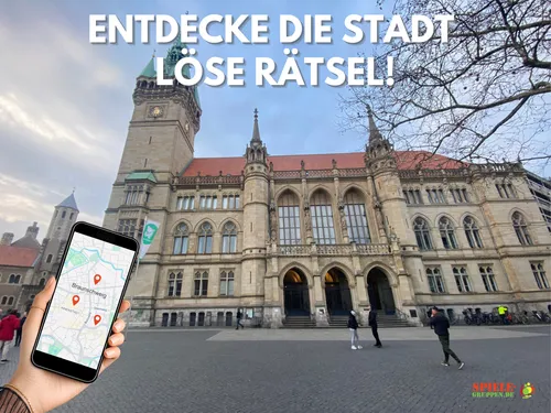Historisches Gebäude, Menschen, Handy, Karten-App.