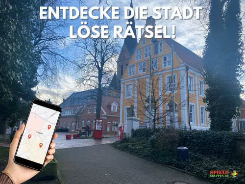 Hand holds phone with map, historic buildings in background.