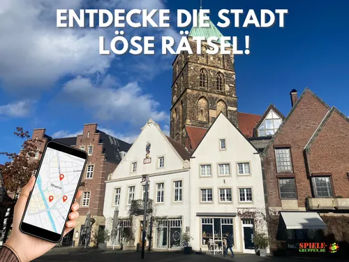 Phone displaying map in front of historic buildings.
