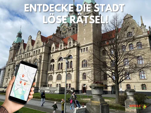 Hand holds phone with map, building background.