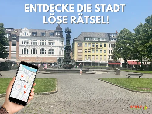 Hand holding phone in city square, Koblenz map.