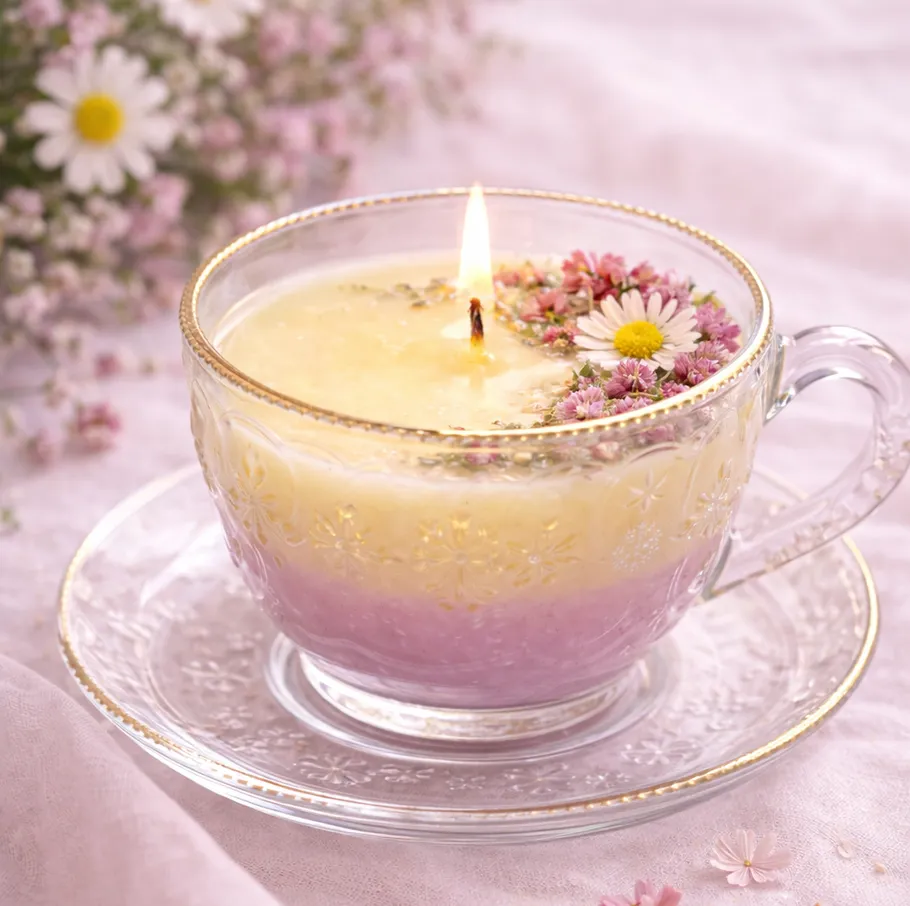 Blumige Kerze in dekorativer Teetasse Umgebung.