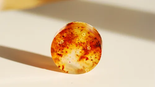 Round amber object with cloudy texture, sunlight casting.