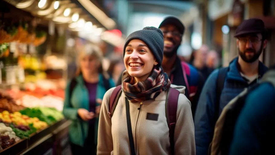 Smiling person walking in a busy market.