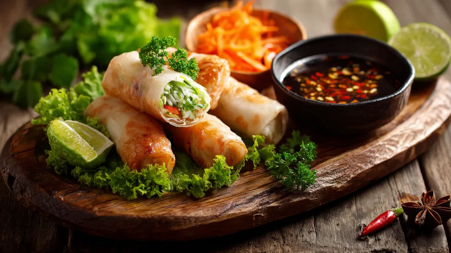 Spring rolls with sauce on wooden plate.