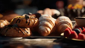 Croissants und Donuts auf einem Gebäck-Tisch.