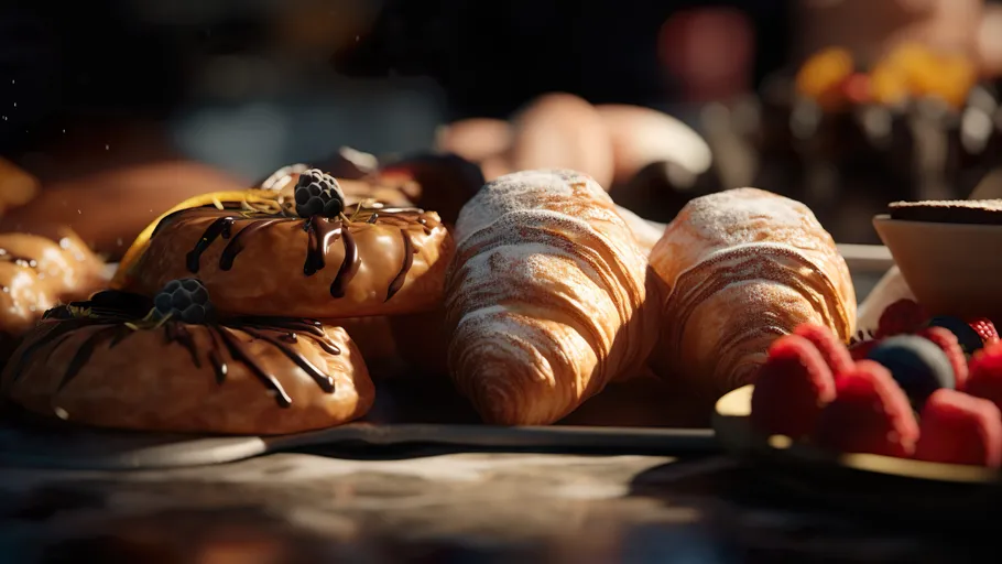Croissants and donuts on a pastry table.