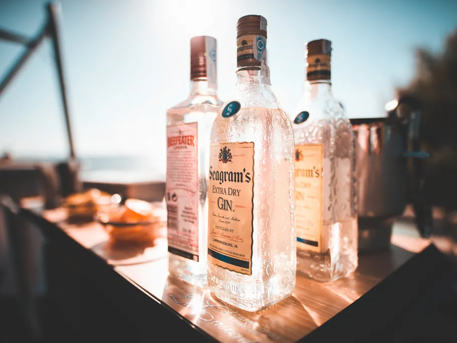 Bottles of gin are sitting on a table in the sun.