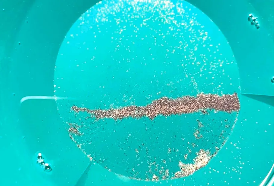 Gold flakes in a blue pan.