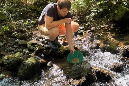 Person panning for gold in shallow stream.