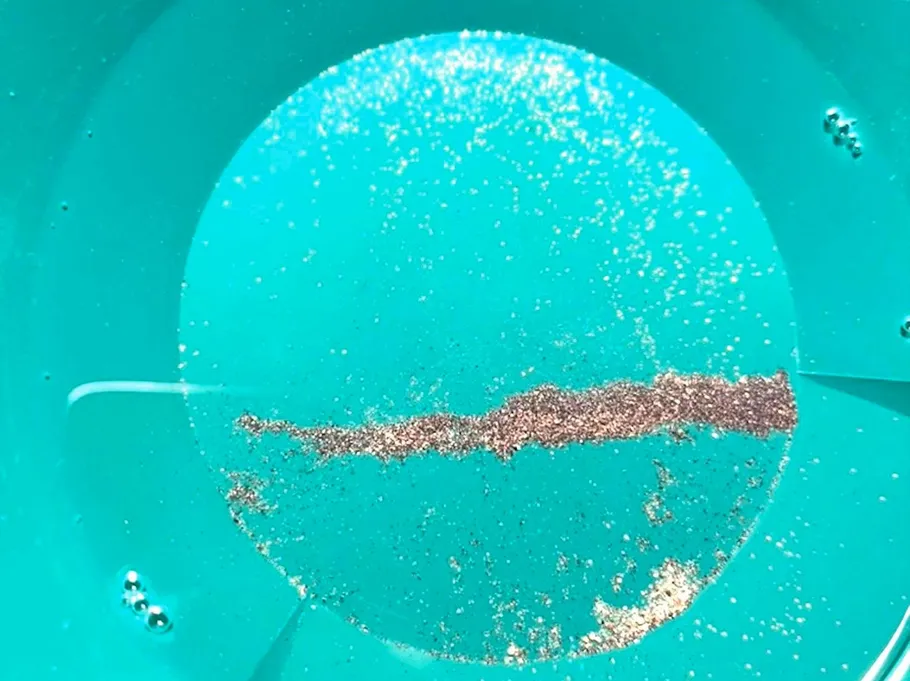 Gold flakes in a blue pan.