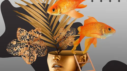 Two goldfish emerging from golden head with plants.