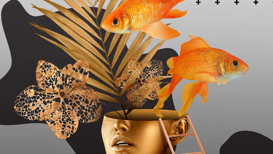 Two goldfish emerging from golden head with plants.