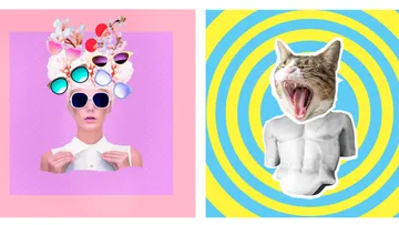 Links: Frau mit Brillencollage. Rechts: Katze mit Muskeln.