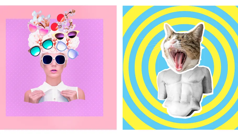 Links: Frau mit Brillencollage. Rechts: Katze mit Muskeln.