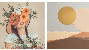 Woman with floral hat smiling; abstract sun art.