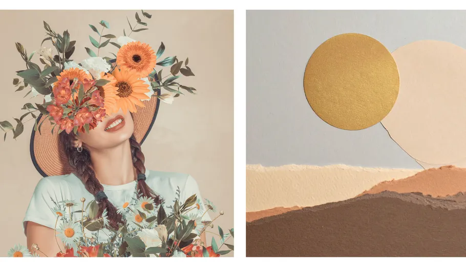 Frau mit Blumenhut lächelt; abstrakte Sonnenkunst.