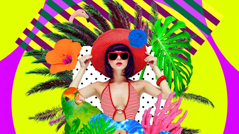 Woman with red hat in vibrant tropical collage.