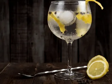 Glas mit Sprudelwasser, Zitrone und Eiswürfeln auf Holzoberfläche.