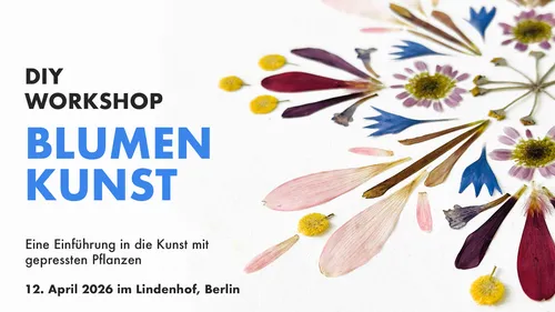 Gepresste Blumen Kunstwerk mit Workshop-Details.