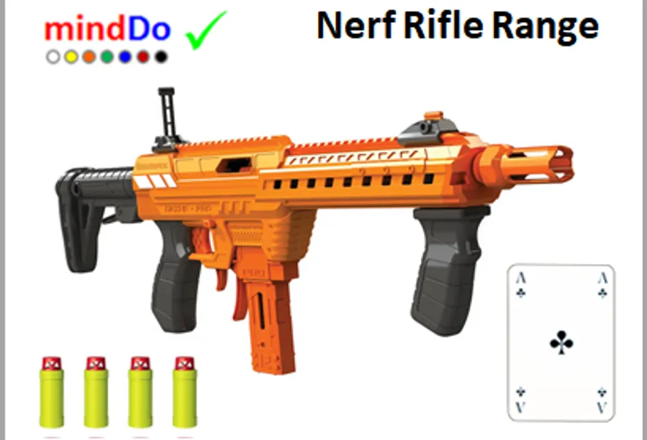 Orange toy gun with darts and playing card.