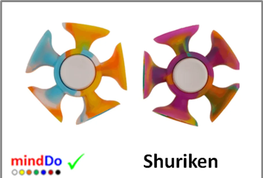 Two colorful fidget spinners on white background.